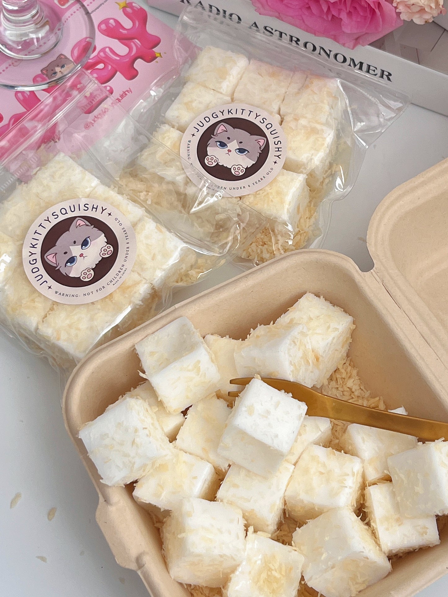 Squishy Pudding Cubes with Coconut Flakes 9 Pcs