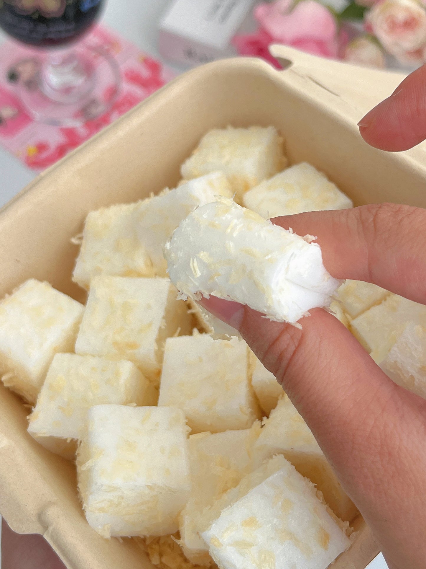 Squishy Tofu Cubes with Coconut Flakes 9 Pcs