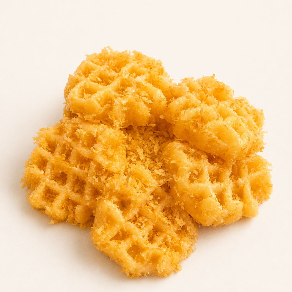 Realistic golden waffle squishy toys on a clean studio background